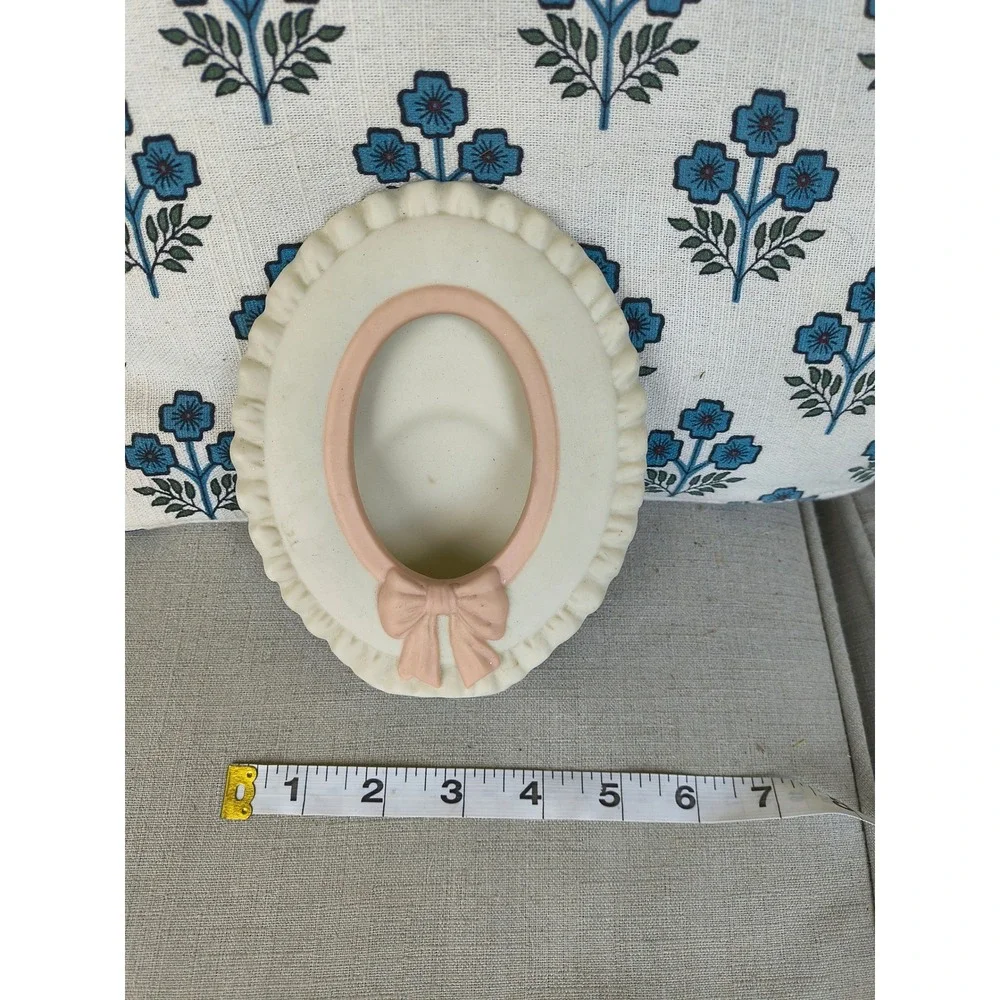 Vintage Ceramic Bisque Oval Picture Frame Pink Bow Ruffled Cream Victorian Style